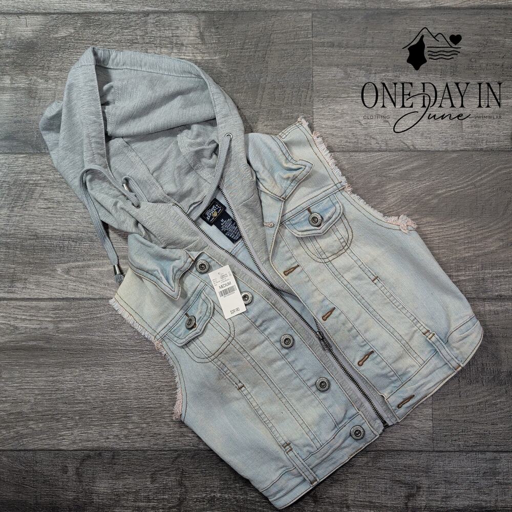 Wet Seal Hooded Denim Vest Light Wash Distressed Y2K NWT Size M